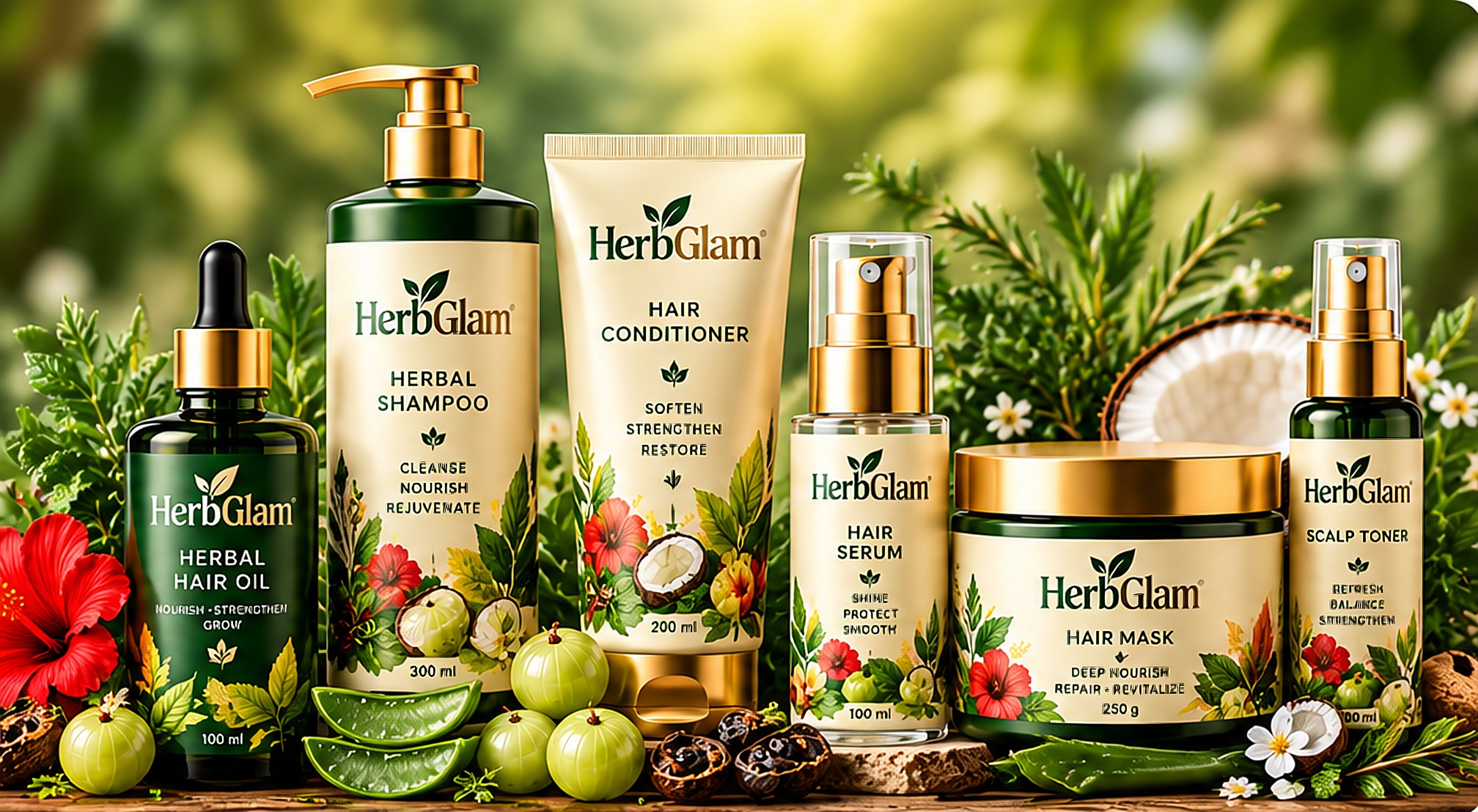 The HerbGlam range: oil, shampoo, conditioner, serum, hair mask and scalp toner among hibiscus, amla, aloe and coconut